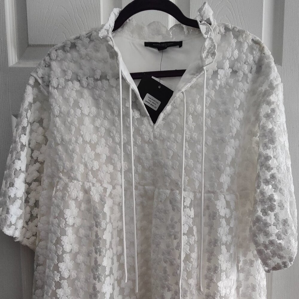 NWT XS White Marc New York Floral Puff Sleeve Embroidered Textured Top/Dress